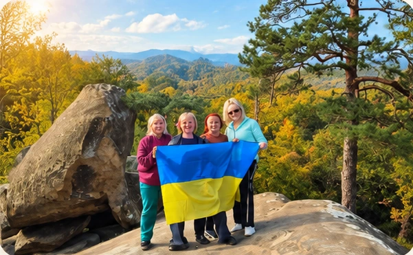 Мандрівниці з українським прапором серед гірських краєвидів